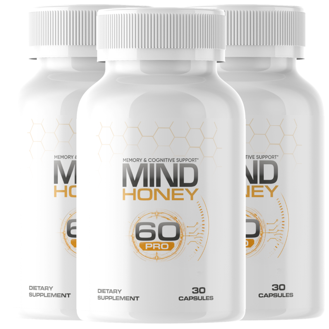 Mind Honey Pro supplement bottle — Natural Memory and Focus Support Formula, 30 capsules, supports brain health